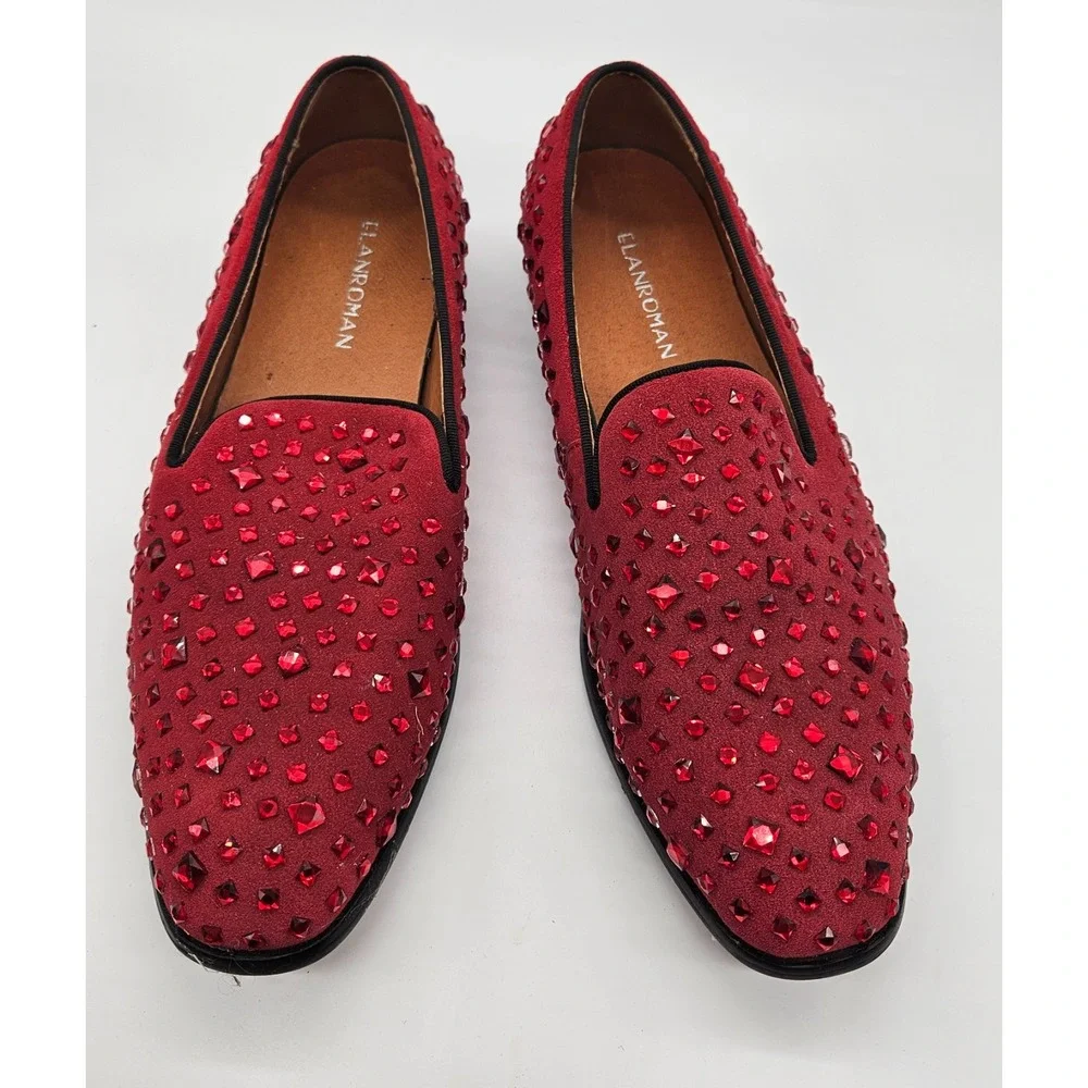 Elanroman Mens Red Velvet Rhinestone Studded Loafers Dress Shoes Size 41 EU